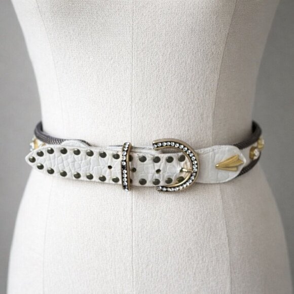 Vintage Sand Castle NY white leather belt studded studs embellished womens med